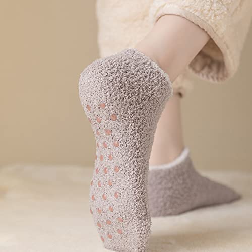 Beauttable Women Colorful Indoors Soft Anti-Slip Winter Fluffy Fuzzy Slipper Socks(White/Pink/Camel/Grey Blue 4-Pairs) #TOP5