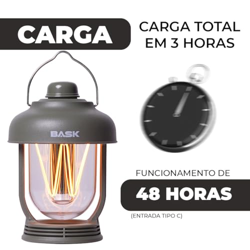 Lanterna Luminária Lampião LED Recarregável Portátil Estilo Retro Lamparina Recarregável Camping Bas