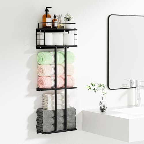 BUTUNITA Black Towel Rack for Bathroom, Metal Towel Holder for Bathroom Wall, Bathroom Towel Storage Rack with Shelf, Rolled Towel Racks for Bathroom Wall Mounted, 3-Tier Small Towel Organizer
