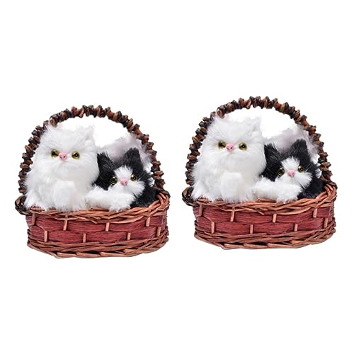 HOMSFOU 2 Pçs Cesta Decoração Gato Boneca Cesta Simulação Gato Na Cesta Estatueta Animal Gatinho Bon