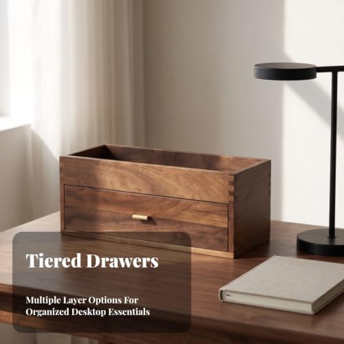 Image of Walnut Desk Organizer with Drawers Minimalist Desktop Drawer