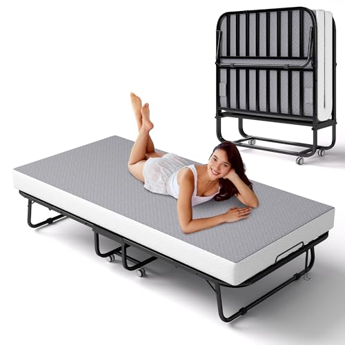 Decofy Folding Bed with Memory Foam Mattress, Portable Rollaway Guest Beds on Wheels, 75"x38" Twin Size Space-Saving Cot-Size Bed for Adults with Easy Assembly Metal Frame (Grey)