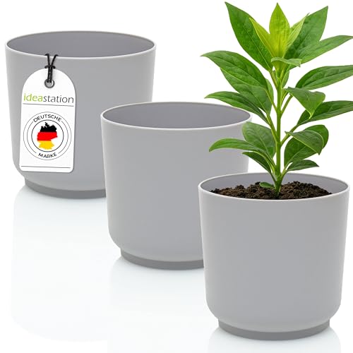 idea-station Sati Blumentopf Set 3 x 13 cm - grau - bruchsichere Blumentöpfe aus Plastik für verschiedenste Pflanzen, Blumen einsetzbar - Matte Übertöpfe für innen und außen