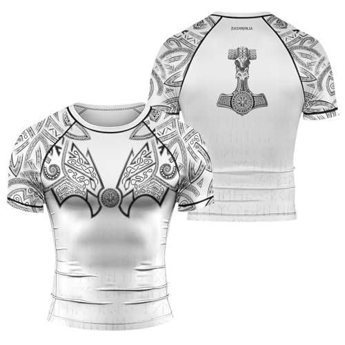 RASHNINJA Viking Ranked Short Sleeve Shirt Men’s Compression Rash Guard for BJJ, MMA, Jiu-Jitsu, No Gi, Training (US, Alpha, Large, Regular, Regular, White)