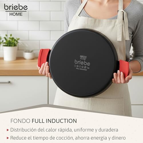 Miniatura 10 de Briebe Black Titanium Cacerola Baja De Cocina Inducción Antiadherente Titanio, Cazuela 24cm, Aluminio Fundido, Recubrimiento Sin Pfoa, Tapa Cristal, Asas Silicona, Vitrocerámica, Gas, Horno
