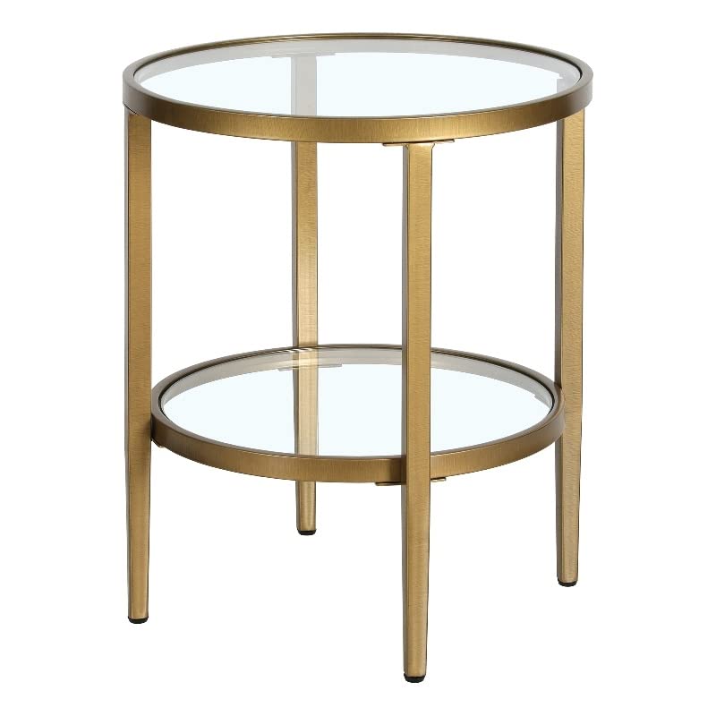 henn&hart 20" wide round side table with glass shelf in antique brass, table for living room, bedroom