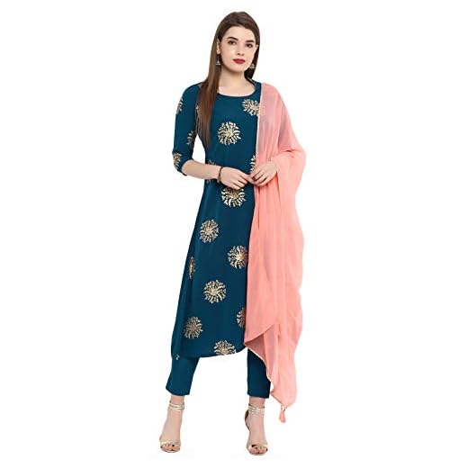 Janasya Indian Women's Tunic Tops Crepe Kurti Set With Dupatta for Women(SET058-KR-NP-XS) Turquoise