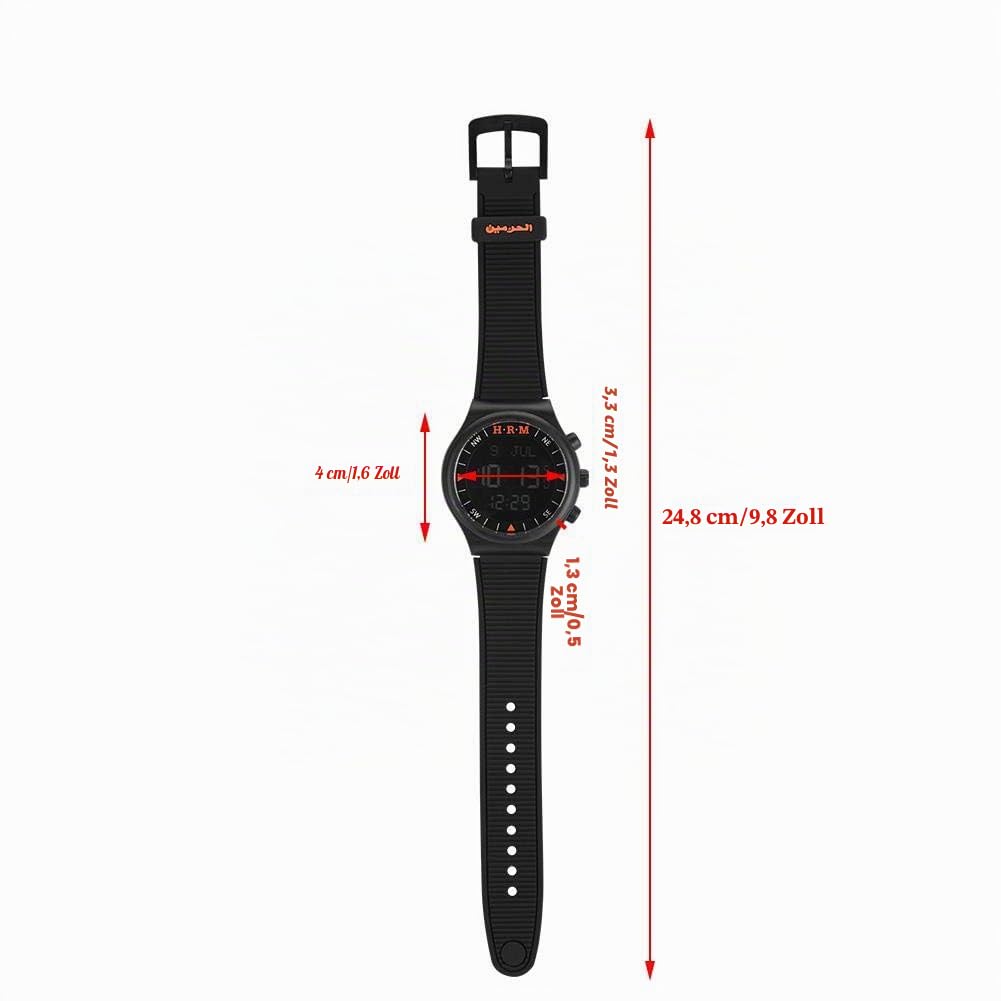 Moderne Sport-Armbanduhr, antiallergisch, wasserdicht, Azan, muslimische Uhr, weltweit, Gebetszeit, Kompass, Alarm, Schwarz