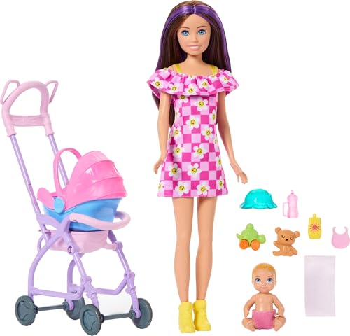 Barbie Skipper Spacer z wózkiem Zestaw + Lalka brunetka i mała lalka bobas, wózek i wyjmowany fotelik samochodowy, 7 akcesoriów, zabawka dla dzieci 3+, JJB42