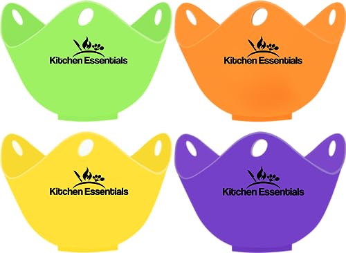 Kitchen Essentials Egg Poacher Cups (4 Pack) With Base Ring for Poached Eggs – Premium Food-Grade Silicone Egg Poachers – Easy Release Poach Pods, Poached Egg Maker, Dark-Colour Set