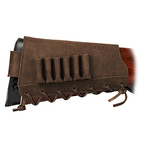 Bronzedog Leather Rifle Buttstock Shotgun Shell Holder Recoil Pad .30-30 .308 12/16Ga Hunting Butt Stock Cartridge Ammo Pouch (7.62 Caliber, Brown) #TOP6