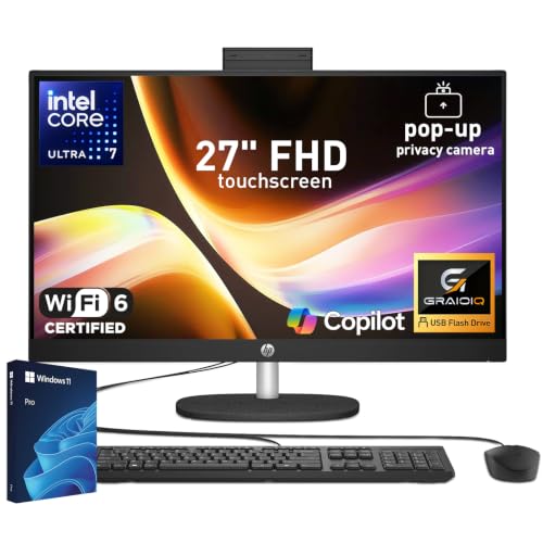 Image of HP Essential 27 inch FHD Touchscreen All-in-One, Intel Ultra 7 255U, 64GB DDR5 + 2TB SSD, Wi-Fi 6, Privacy Camera, Wired Keyboard and Mouse, Copilot AI, RJ-45, Win 11 Pro