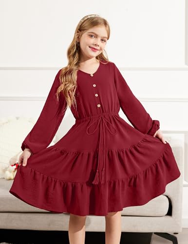 Arshiner Tween Girls Dresses Fall Long Sleeve V Neck Waist Tie Ruffle Tiered Swing Skater Dress4