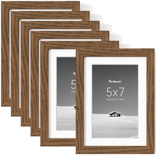 Fun Memories 5x7 Picture Frame Set of 6, Display Pictures 4x6 with Mat or 5x7 Without Mat, 5 x 7 Frame for Photos, Posters & Art Prints, Gallery Photo Frames for Wall & Tabletop Display, Walnut