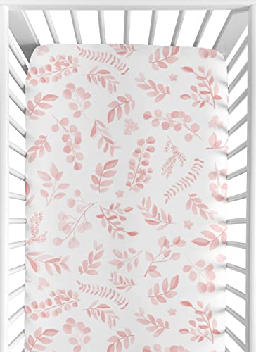 Image of Sweet Jojo Designs Blush Pink and White Boho Floral Leaf Girl Baby Fitted Crib Sheet Set Infant Newborn Nursery Toddler Bed Room Standard Mattress 2p Chic Bohemian Watercolor Botanical Flower Woodland