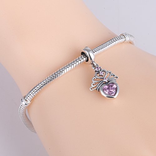 Hearts Tiara Dangle Charm Pendant With Cz 925 Sterling Silver Princess Crown Beads For Charms Bracelet (Pink) #TOP3