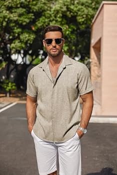 COOFANDY Guayabera Herenhemd met korte mouwen, zomer, vrijetijdshemd, Kuban kraag, Hawaï-hemd, gestreepte structuur, strandoverhemden, Lichte koffie., M