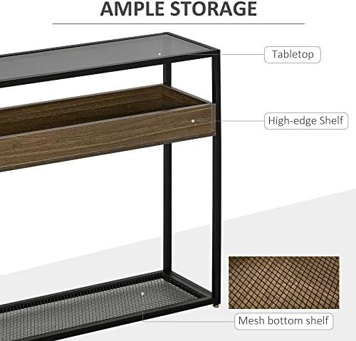 HOMCOM Industrial Style Console Table Sofa Table with Tempered Glass Top and Steel Frame for Living Room Hallway Entrance