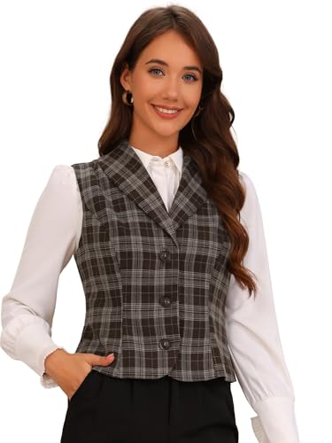 Allegra K Plaid Vest for Women's Shawl Collar Button Down V Neck Sleeveless Vintage Waistcoat