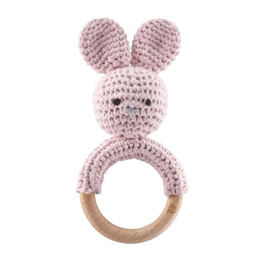 Image of MayLily - Rattle & Teether Rabbit - Handmade - Toy for Babies - Wooden Baby Rattle Grasping Toy - Baby Rattle Wooden Toy Teether for Girls and Boys - Gift for Birth (Dusty Pink)