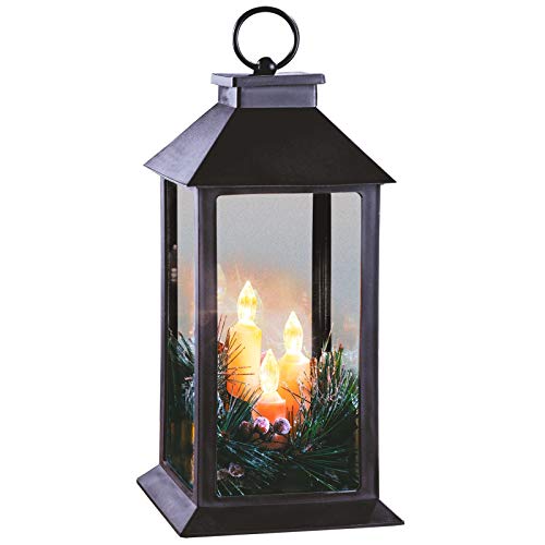 Burwells 28cm Christmas Lantern With 3 Flickering LED Electric Candles - Warm White Glow Black Tall Square Frosted Snowy Pine Needles Red Berries