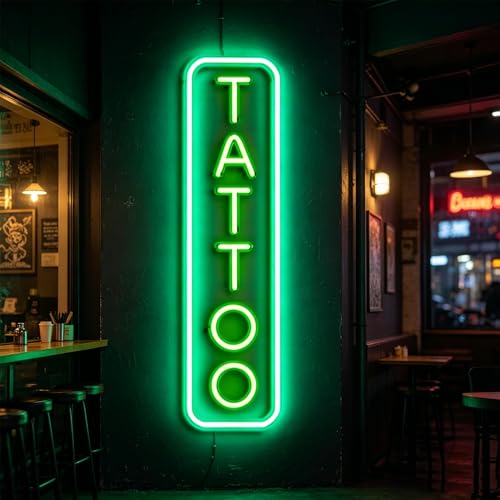 Image of Dimmable Tattoo Neon Sign,LED Reusable Neon Signs,Arylic Tattoo Shop Sign with Dimmer for Tattoo Salon, Studio, Shop Plaque,Tattoo Gifts for Friends,17x6in(Green)