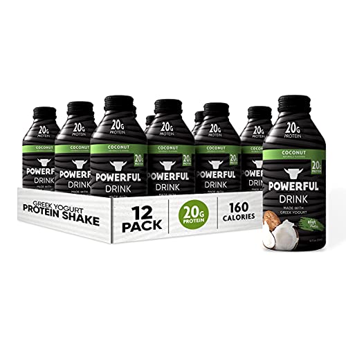 POWERFUL, Protein Shake, 20g Protein, Greek Yogurt, Low Carb, Gluten Free, Kosher, Ready to Drink (Coconut, 12 oz, Pack of 12)