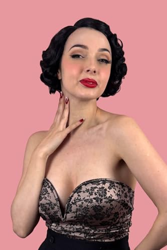 Perruque lace front noire courte avec finger waves style pinup vintage Viola #1B - 7