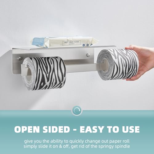 Image of Angle Simple Double Toilet Paper Holder with Shelf, Brushed Nickel | SUS304 Stainless Steel, 2 in 1 Tissue Roll Holder, Top Shelf for Phone Wet Wipes, Hold 2 Rolls for Backup, Screws Wall Mount