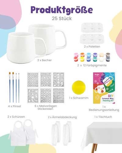 RoaGain Tassen Bemalen Set, Keramik Bemalen Set für Anfänger - (inkl. 2 Tassen, 6 Schablonen, 12 Farben, Schürzen, Tischdecke & Ärmelschonern), Tassenmalset für Erwachsene