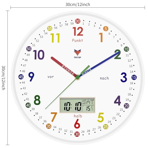 Foxtop Lernuhr Kinder - Lernuhr ohne Tickgeräusche - LCD-Display -Analoge Kinderuhr zum Lernen und Üben der Uhrzeit - Dekoratives Kinderzimmer,30 cm