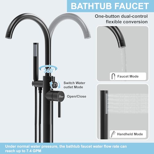 HAWKROWN Freestanding Bathtub Faucet, Floor Mount Bathtub Faucet with 2 Water Outlet Modes, Swivel Gooseneck Spout with Hand Shower, Brass Single Handle Tub filler, Max Flow Rate 7.4 GPM, Matte Black by Hawkrown - Used condition - Image 3