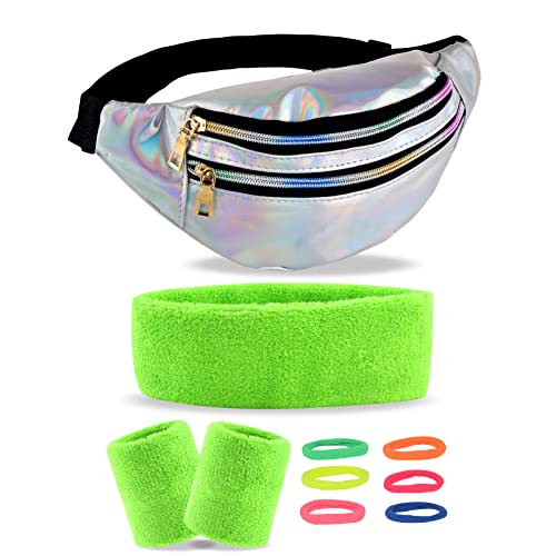 80 90er Jahre Gürteltasche Damen Bauchtasche Metallic 3 Fächer Schultertaschen mit Leuchtendes GrünArmbänder und Stirnband Neon-Haargummi für 80er 90er Kostüm Fasching Karneval