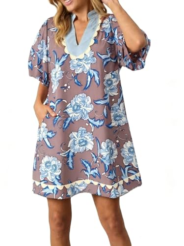 CHARTOU Women Floral Loose Tunic Dress Short Puff Sleeve RIC Rac Beach Vacation Mini Dress Summer Outfits (Large, Rotus Root)