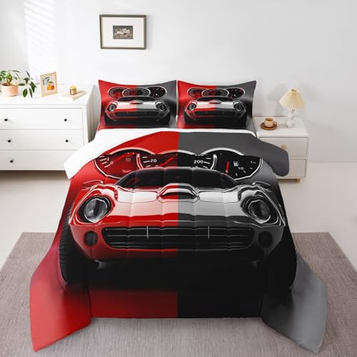 Image of Feelyou Red Black Race car Comforter Set Toddler Size Speed Sports Car Bedding Set for Kids Teens Racing Car Comforter Extreme Sports Duvet Set Decor Automobile Quilt 2Pcs