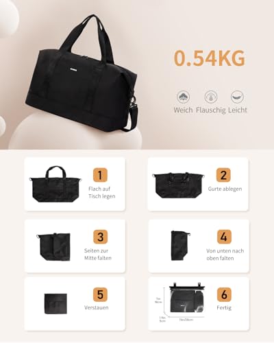 ECOHUB 30L Reisetasche Handgepäck Groß, für Easyjet Handgepäck 45x36x20, Faltbare Handgepäck Tasche für Flugzeug, Sporttasche mit Abnehmbar Nass-Tasche, Weekender Damen Herren(Schwarz)