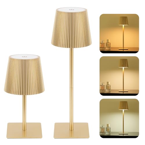 LUTEC 2 Pack Cordless Table Lamp,6000mAh Rechargeable Battery Operated Desk Lamp,Two Adjustable Heights,Waterproof, Touch Control & 3 Color Stepless Dimming for Restaurant/Bedroom/Bars/Outdoor (Gold)