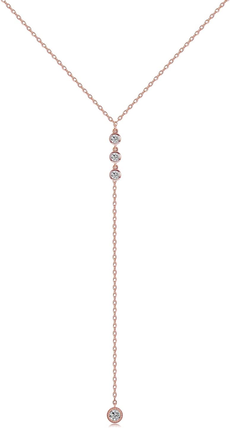 MetzakkaHandmade Sterling Silver Lariat Necklace, Simulated Diamond Dainty Drop Y Chain Necklace for Women (Round diamonds-Rose Gold)
