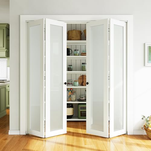 SMARTSTANDARD Bifold Door, 72'' x 80" Tempered Frosted Glass, Interior Folding Door with Hardware Track Kits, Easy Assembly, MDF, White 72" x 80" Opening+Track Kit White