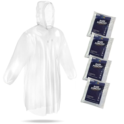 Mindful Design Rain Ponchos with Drawstring Hood (4 Pack) Disposable Emergency Clear Poncho for Adults