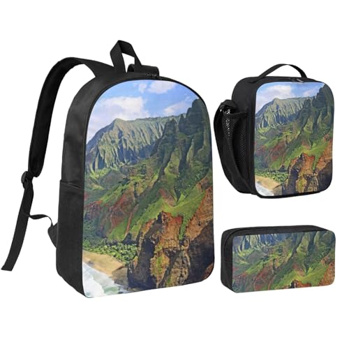 Sac à dos 3 en 1 Kauai noir avec sac repas et trousse imprimé hawaïen