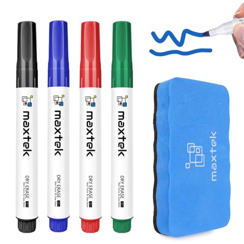 maxtek Whiteboard Pens Markers with Magnetic Eraser 4 Colours White board Markers Erasable Bullet Tip 2-3mm Lines Low Odour Dry Wipe pens for School Office Home (Pack of 4)