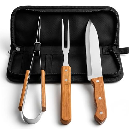 Kit Churrasco 3 Peças com Estojo – Faca, Garfo e Pegador em Aço Inox e Cabo de Madeira, Conjunto para Churrasqueiro, Uso Doméstico e Camping – Resistente e Portátil