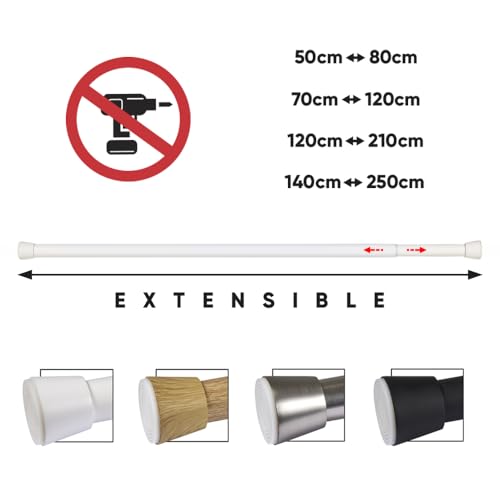 Miniatura 3 de Barra De Cortina Sin Taladrar Telescópica, Metálica Y Extensible De 28 Mm De Diámetro, Instalación A Presión, Resistente, Ideal Para Cortinas, Armarios Y Baños Storesdeco Color Blanco 70-120 Cm