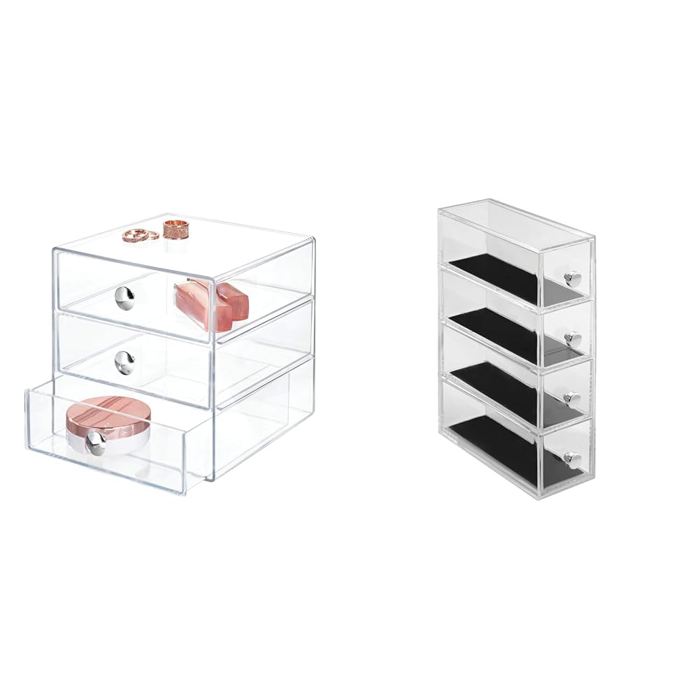 iDesign Organizador de maquillaje con 3 cajones, compacta minicómoda de plástico & Joyero Clarity | Joyero con 4 cajones para relojes, collares, etc.