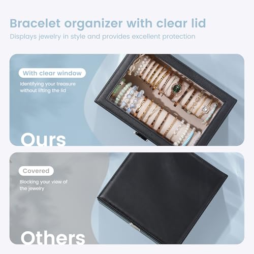 Lolalet Bracelet Display Holder with Rods for Bangles Watches, Clear Lid Jewelry Organizer Box Storage Case for Women Girls -Black2
