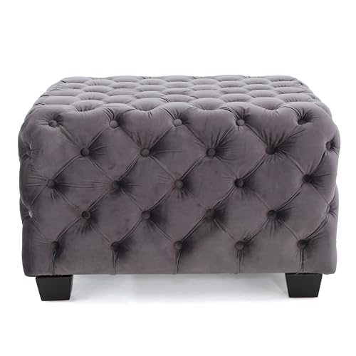 roomfitters Velvet Tufted Storage Ottoman, Upholstered Square Footrest with Hidden Compartment, Dark Grey