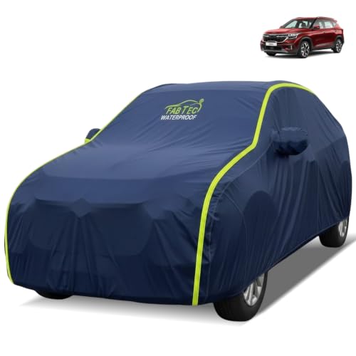 Image of FABTEC Waterproof Car Body Cover for Kia Seltos Outdoor /Indoor All Weather Protection with Mirror Pocket Triple Stitched (Premium Navy Blue with Neon Piping)