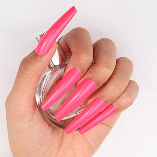 Outyua XXL Extra Long Press on Nails Coffin Glossy Fake Nails with designs False Nails Acrylic Full Cover Nails 24Pcs for Women and Girls (Hot Pink) - Thumbnail 5