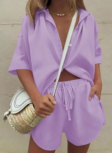 Image of Fixmatti Women 2 Piece Outfits Long Sleeve Button Down Blouse and Shorts Sweatsuit Sets